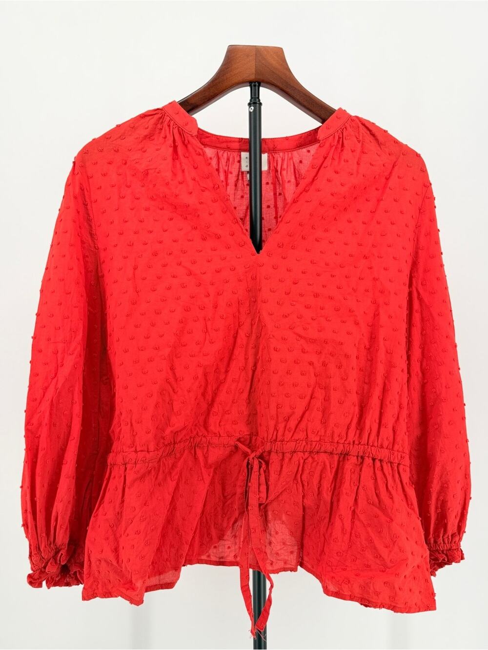 100% cotton Blouse flare milkmaid peasant whimsy v-neck textured women Large